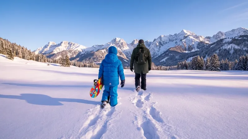 雪原でスノーボードを抱えて親と歩く小さな子供の後ろ姿