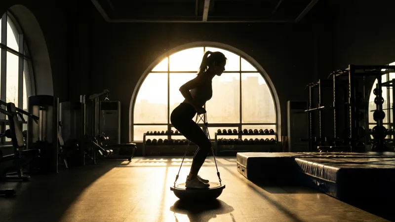 室内練習場で真剣にトレーニングに励むアスリートのシルエット