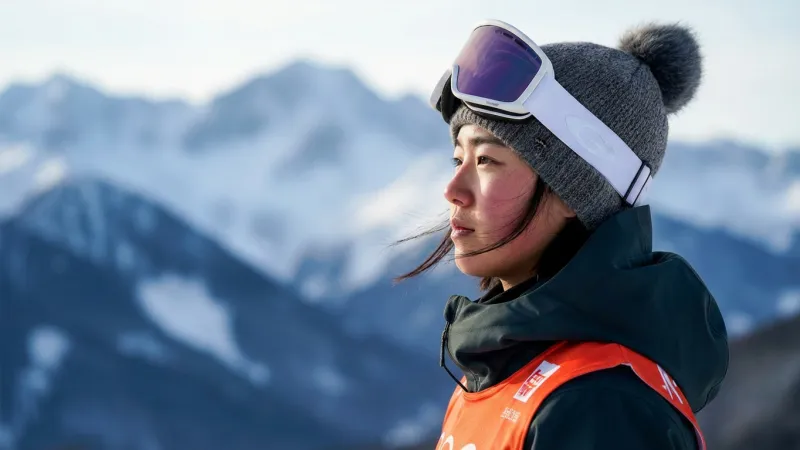 雪山の頂上でゴーグルを外し遠くの連峰を見つめる選手のポートレート