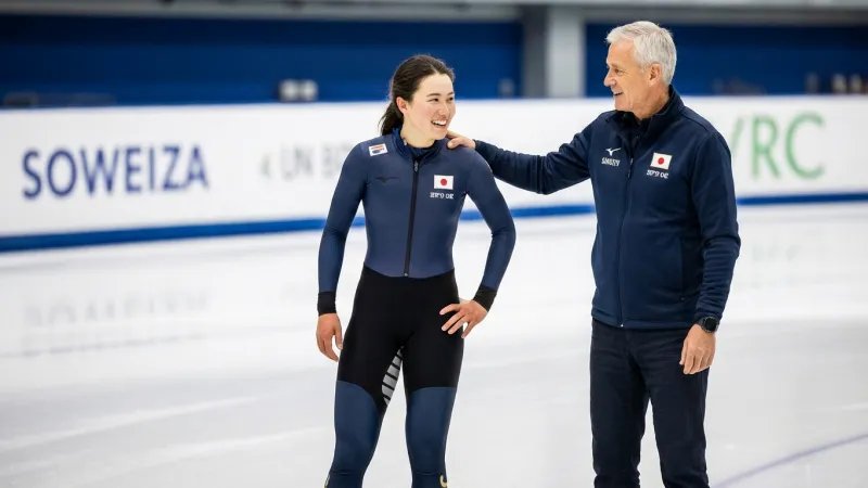 スケートリンクで笑顔を交わす女性選手と男性コーチのイメージ