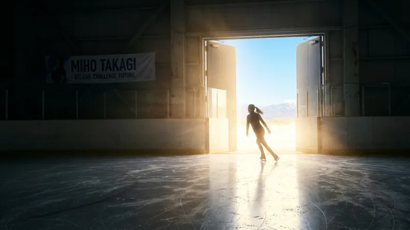 光が差し込むリンクの出口へ滑り出すスケーターのシルエット