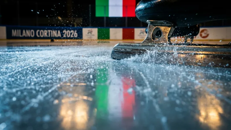 MILANO CORTINA 2026の表示を背景に、氷を削りながら滑るスケート靴の刃
