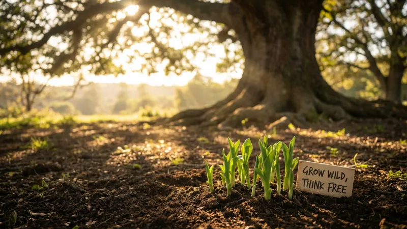 大きな木の根元で、豊かな土から真っ直ぐ伸びる若葉