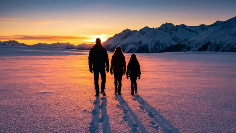 夕暮れの雪原で並んで歩く3人の後ろ姿のシルエット