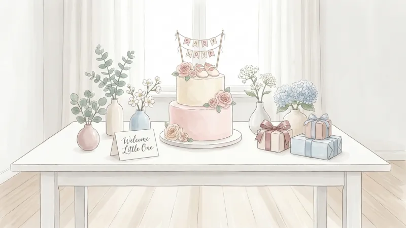 ベビーシャワーケーキとお祝いメッセージのイメージ